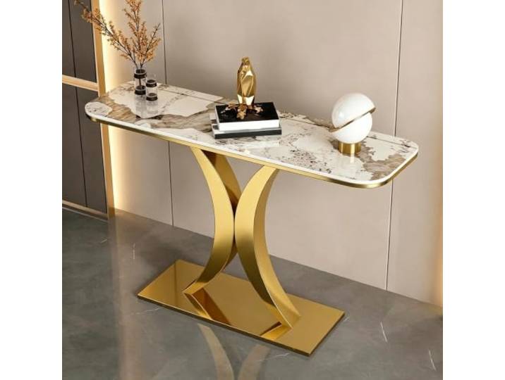 LJWFZBD Moderner Konsolentisch, Schmaler Eingangstisch mit Marmor-Optik Hochwertige Steinplatte, Stabile Metallkonstruktion, Platzsparend, Modern, Elegant(Gold+White-gold,39 (100cm))