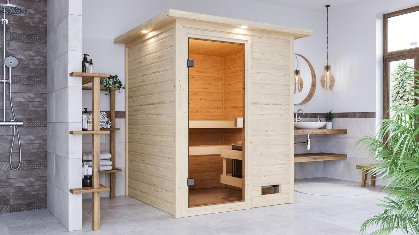 KARIBUHOLZT Sauna Sandra Front,o. Zub. m.Dachkranz 16880338