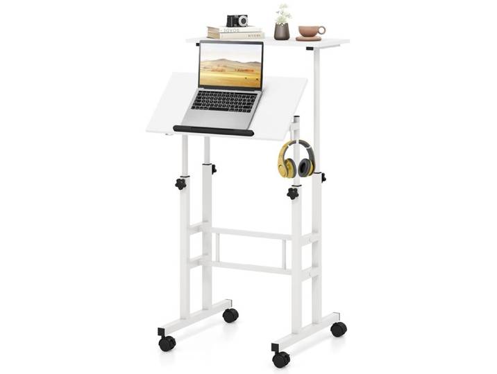 GIANTEX Bureau Assis-Debout à Roulettes Hauteur Réglable 72-124cm Plateau Inclinable 2 Crochets Cadre en Métal Blanc