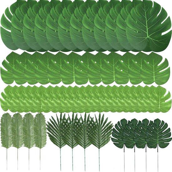 Unyqoos 60 stuks kunstmatige palmbladeren en Monstera-bladeren met flexibele stelen voor tropische decoratie
