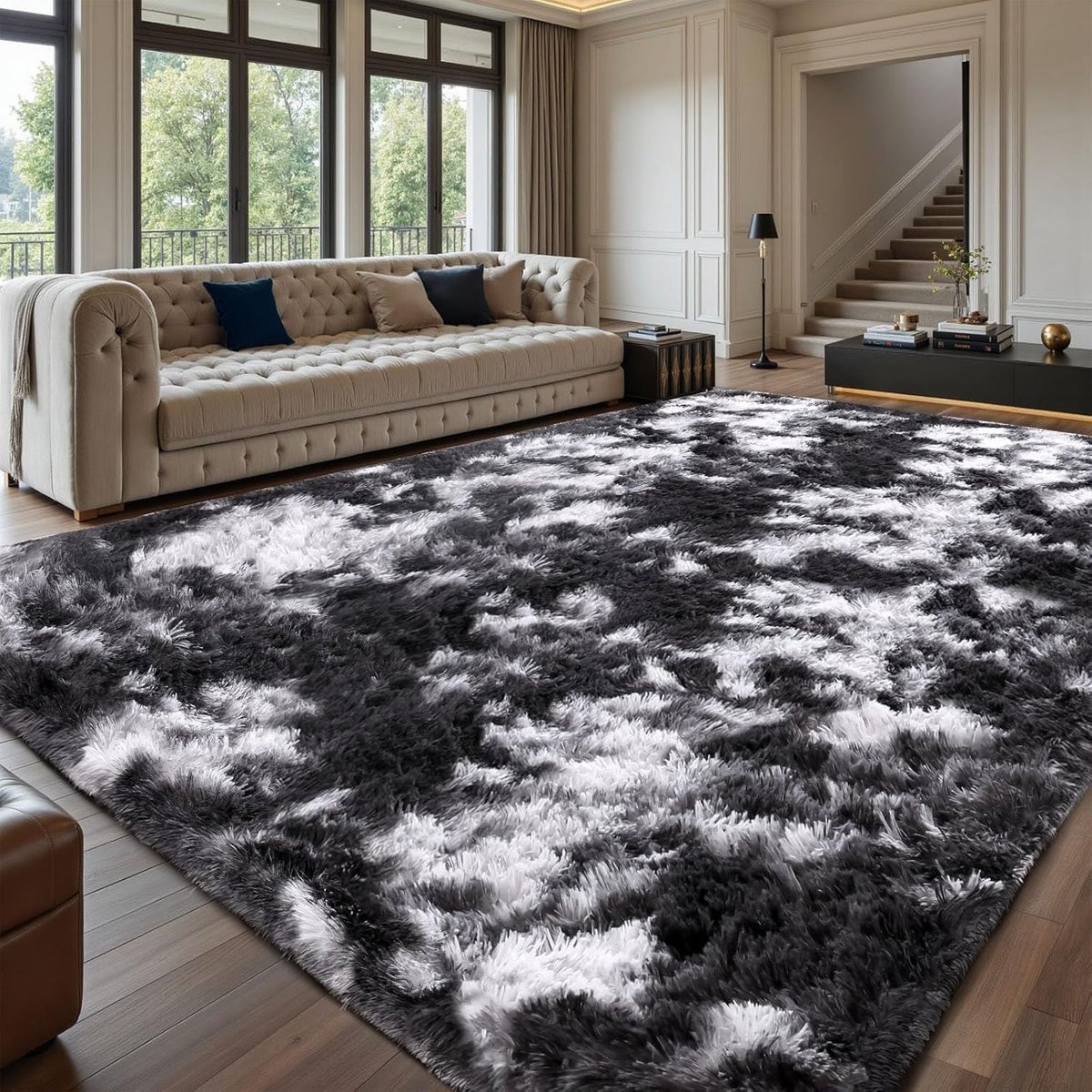 Lemon Hoogpolig Tapijt - Zwart, Wit, Grijs - 140 x 200 cm