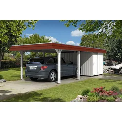 Skan Holz Walmdach Carport 409cm inkl. Abstellraum weiß rote Blende Holzcarport