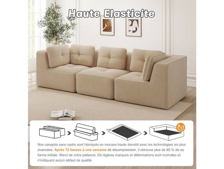 Canapé d'angle modulable 2 places beige – tissu corduroy sans montage compressé