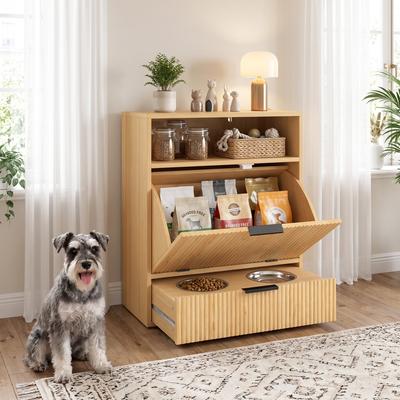 PawHut Dog Feeding Station with Storage, Hidden Pet Feeding Station with 2 Elevated Bowls, Oak