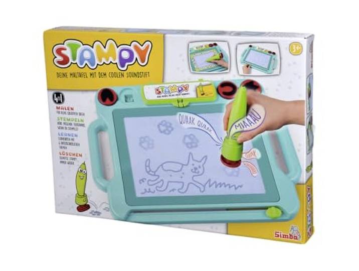 Simba 106334629 - Stampy Maltafel für Kinder, 41x29cm, magnetische Zaubertafel mit Sound-Stift, 4 Tierstempel mit Geräusch, Magnet-Stempeln, 3 Lernkarten, Magnettafel für Mädchen und Jungen ab 3 Jahre
