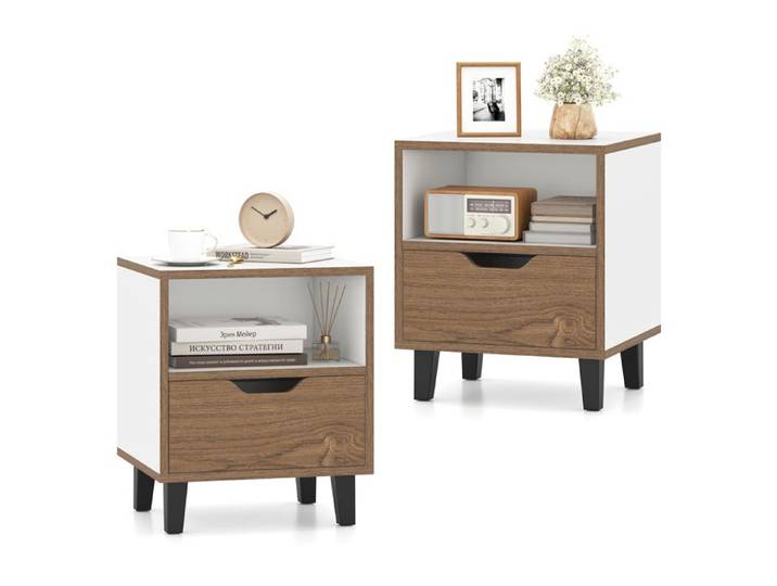 COSTWAY Lot de 2 Table de Chevet avec Tiroir Compartiment Ouvert Pieds Métalliques Chevet de Lit pour Chambre Salon Bureau