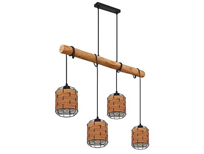 Pendelleuchte 4 flammig Lampenschirm Hängelampe Holzoptik Wohnzimmerlampe zum verstellen, Metall Kunststoff, schwarz braun, 4x E27 Fassungen, LxBxH 85x15x140 cm