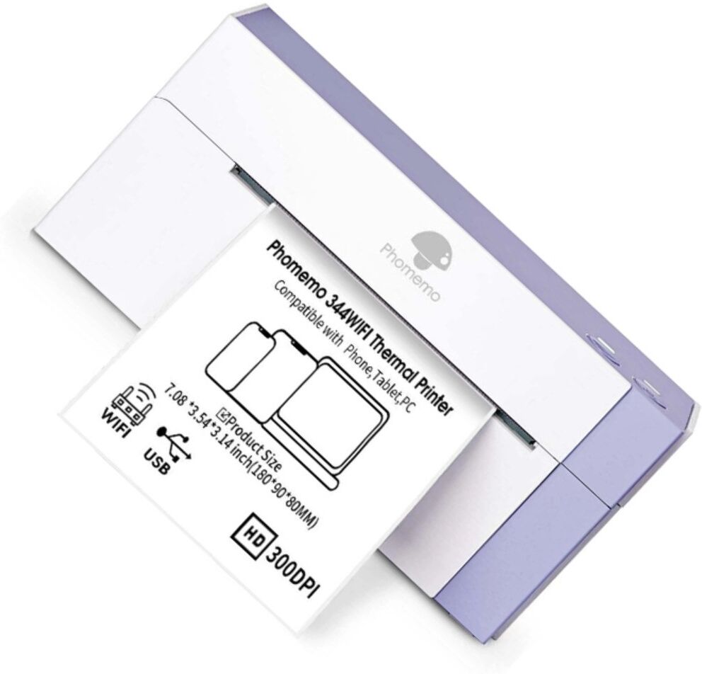 INF WiFi Thermodrucker für Etiketten — 300dpi, WiFi+Bluetooth, 108mm Druckbreite, USB/Netzwerk, kompatibel mit Labelife-App weiß + lila