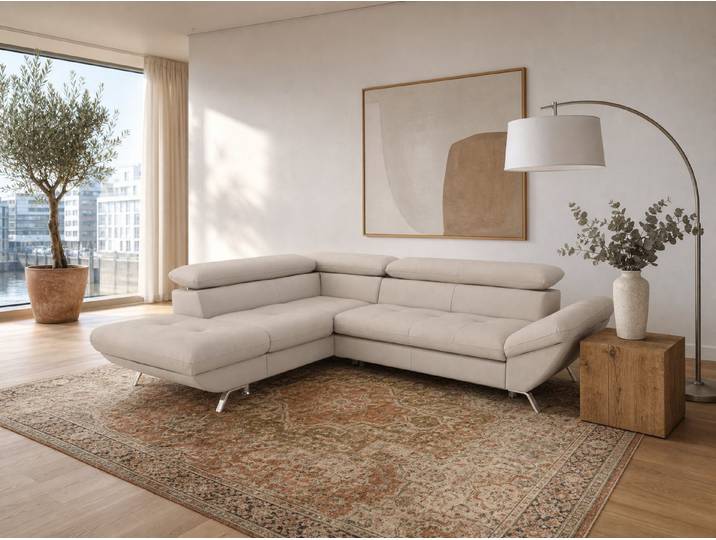 foamnova Ecksofa Breda, Ottomane links oder rechts, B 255 cm, 4 Sitzplätze, Klappbare Kopfstützen bis 88 cm, 4 Sitzplätze, schadstoffarm
