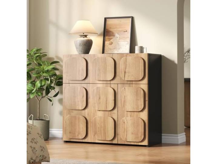 Dimmbares Retro Sideboard Mit Beleuchtung Als Raumteiler Holz Metal Design Stauraum Für Wohnzimmer Essbereich TV Bank Lowboard (Natural Wood + Engineered Wood + Contemporary + Modern + Retro)