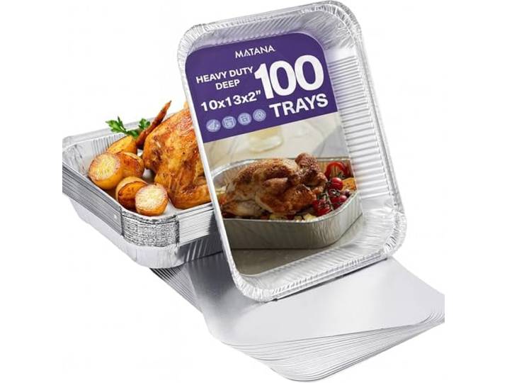 MATANA 100 Große Aluschalen mit Deckel, Alu Backform, Alufolien-Lasagneform, Einweg Auflaufform Abtropfschale - Kochen, Backen, Grillen - 2350ml / 32x26cm - Stabil & Praktisch