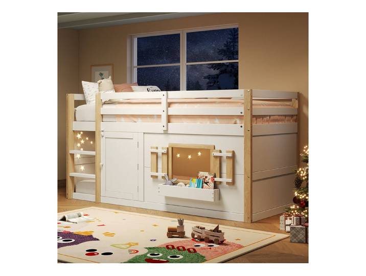 Flieks Hochbett Kinderbett Hausbett 90x200cm mit Rausfallschutz, Fenster und Tür