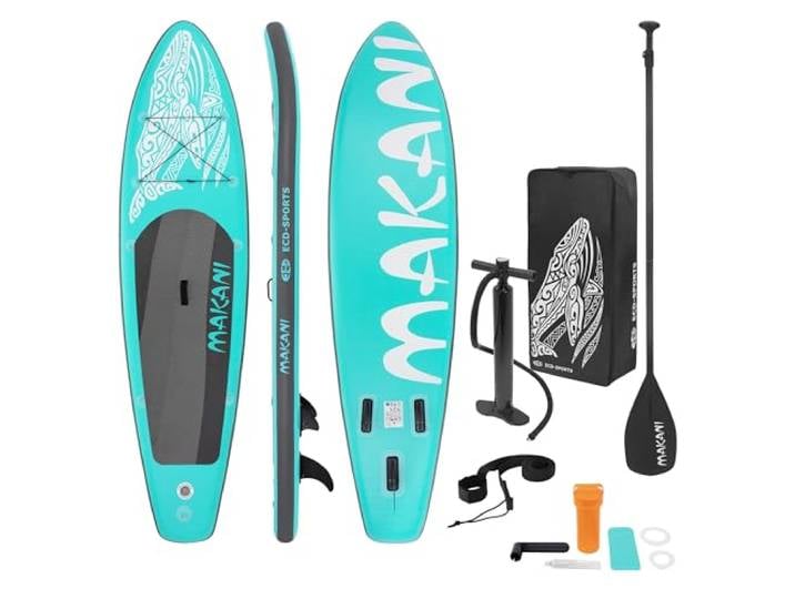 ECD Germany Aufblasbares Stand Up Paddle Board Makani 320 x 80 x 15 cm Türkis PVC bis 120 kg Pumpe Tragetasche Zubehör SUP Board Paddling Board Paddelboard Surfboard verschiedene Modelle