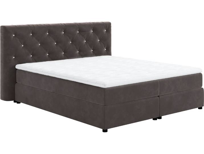 Boxspringbett, Polyester, Grau, 207×222 cm, 7-Zonen-Taschen-Federkern, Mit Strasssteinen, Cotta
