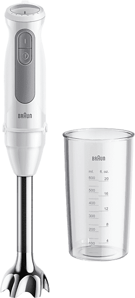 Batidora de mano - Braun Minipimer MultiQuick 5 MQ50001MWH, 1000 W, Vaso 0.6 l, PowerVell VPlus, EasyClick Plus, 21 Velocidades, Blanco/Gris