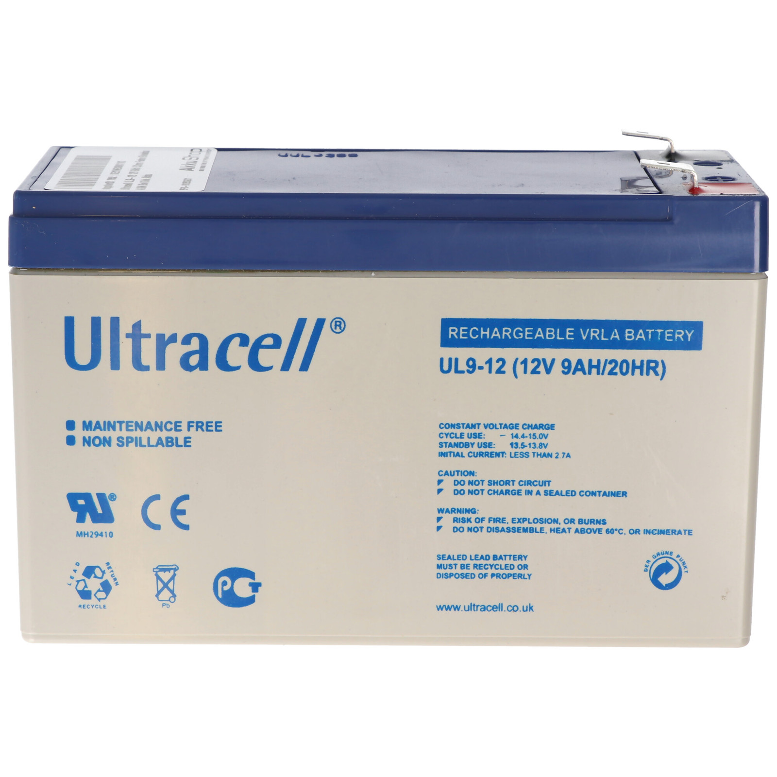 Ultracell UL9-12 AGM-loodaccu 12V 9Ah met 6,3mm Faston aansluiting