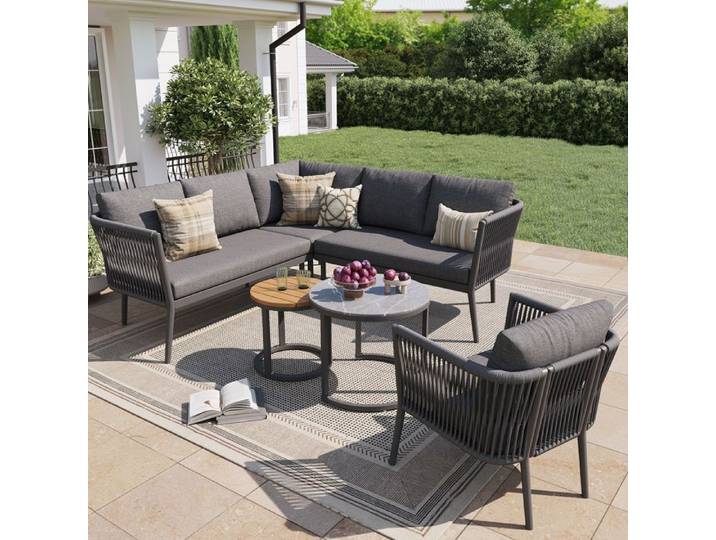 Salon de jardin - KOMHTOM - Modulaire 5-6 places - Gris - Assise en corde - Ensemble lounge 6 pièces