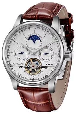 Inspired Finds LIGE Automatic Mechanical Watch Tourbillon Men's Leather Watch Waterproof Military Style Wristwatchs silver White