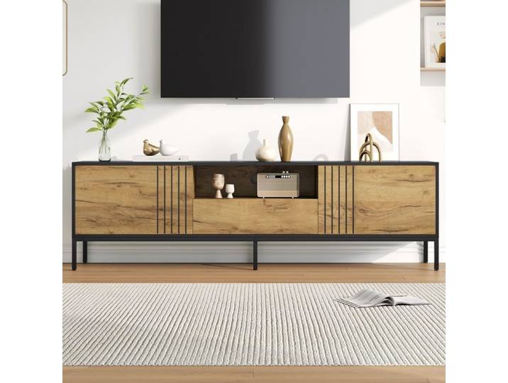 Meuble TV 170 cm avec Portes et Tiroir Banc TV Chêne et Noir pour Écran jusqu'à 70 Pouces Console Basse de Salon