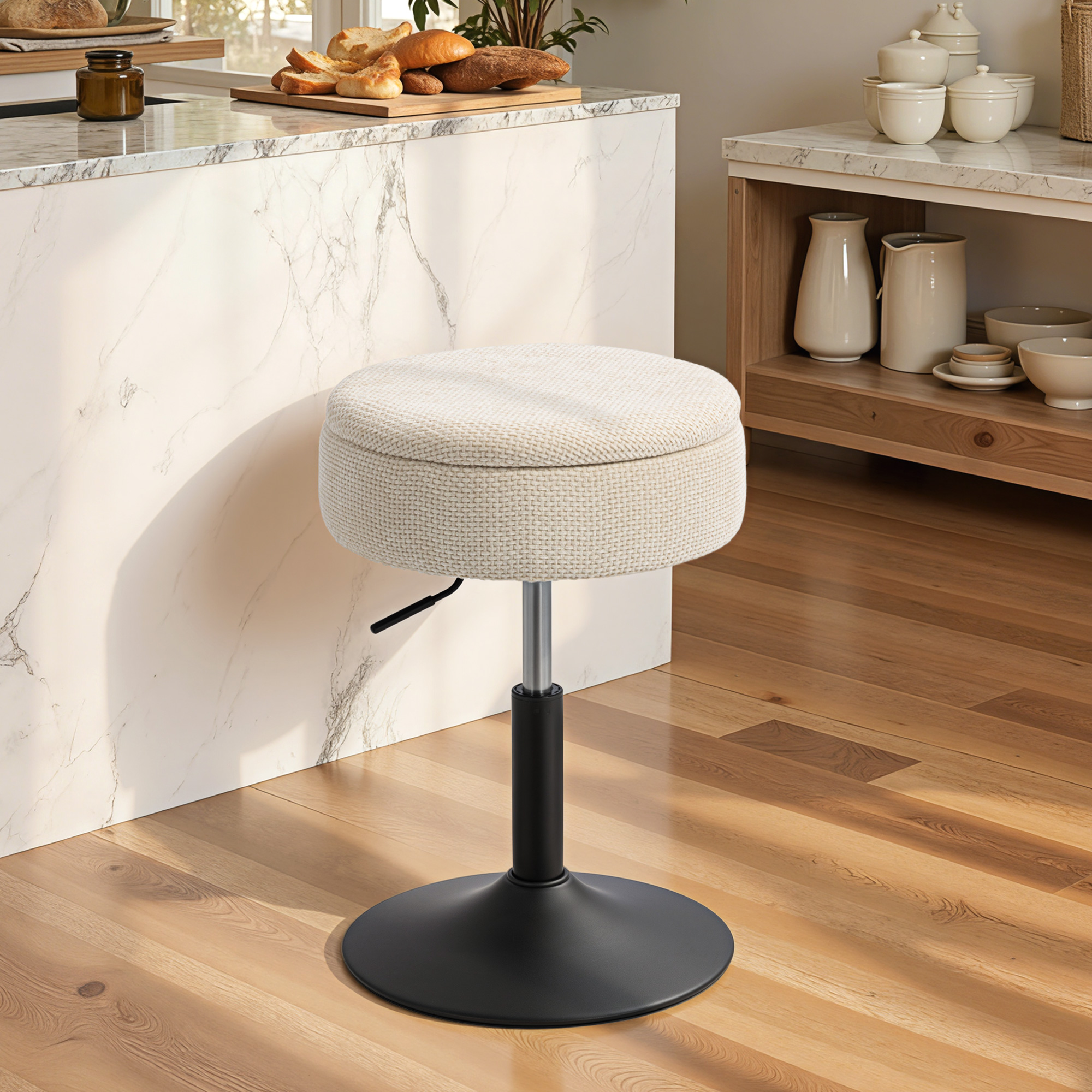 Homcom Sgabello da Bar con Contenitore Altezza Regolabile Sgabello da Cucina Rotondo Girevole Rivestito in Chenille Beige   Aosom Italy