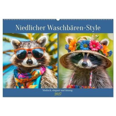 Niedlicher Waschbären-Style. Modisch, elegant und blumig (Wandkalender 2027 DIN A2 quer), CALVENDO Monatskalender
