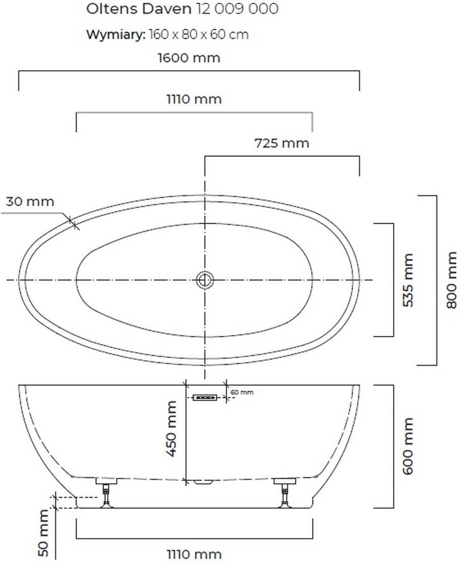 OLTENS Daven freistehende Badewanne oval 160 x 80 cm, Badewannen, 12009000, weiß