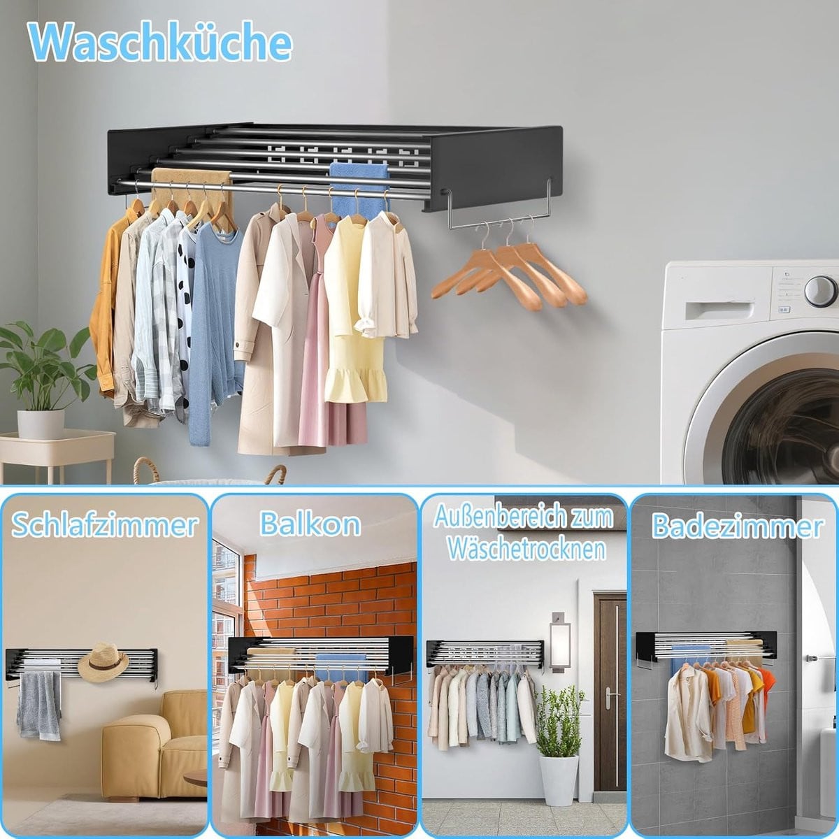 Opvouwbaar Wandrek Kleding en Waslijn Droger - Zwart - 80 cm Lengte