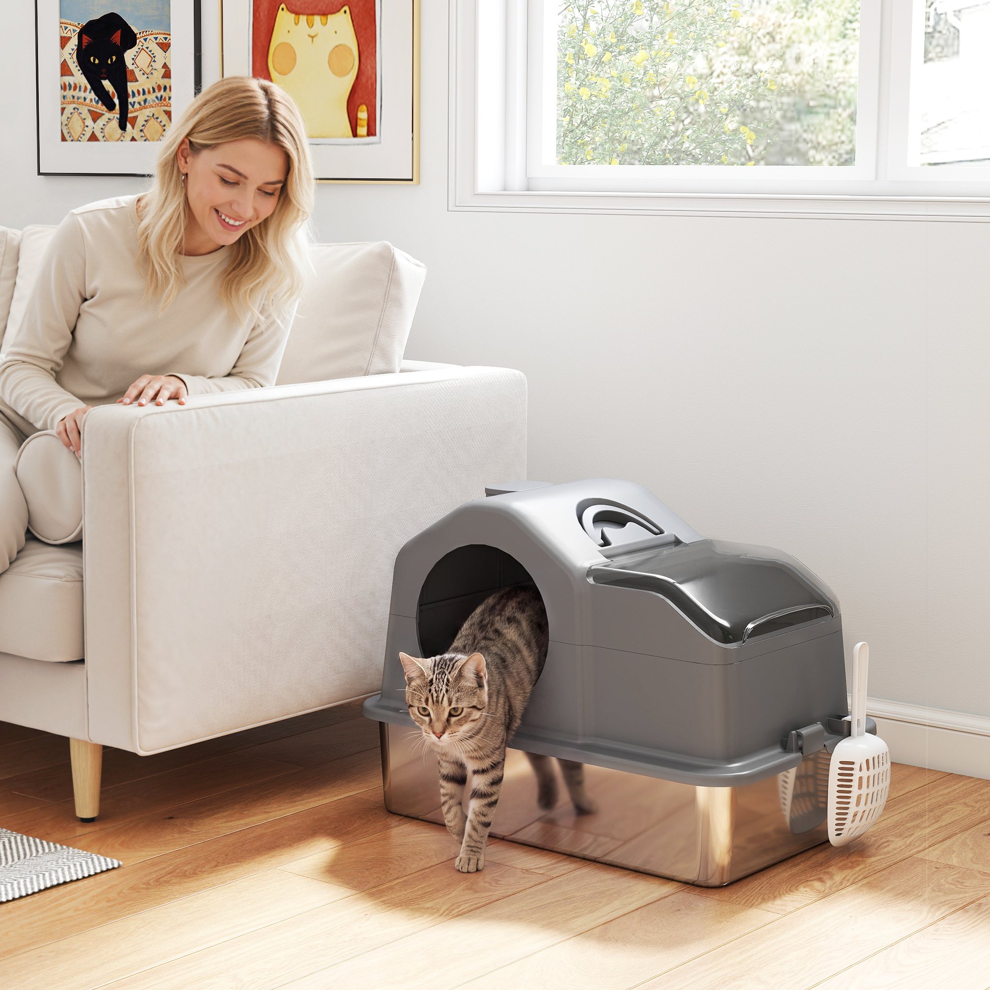 Pawhut Lettiera Gatto Chiusa XL in Acciaio Inox con Coperchio, Paletta, Tappetino Raccogli-sabbia, Grigio Scuro   Aosom Italy