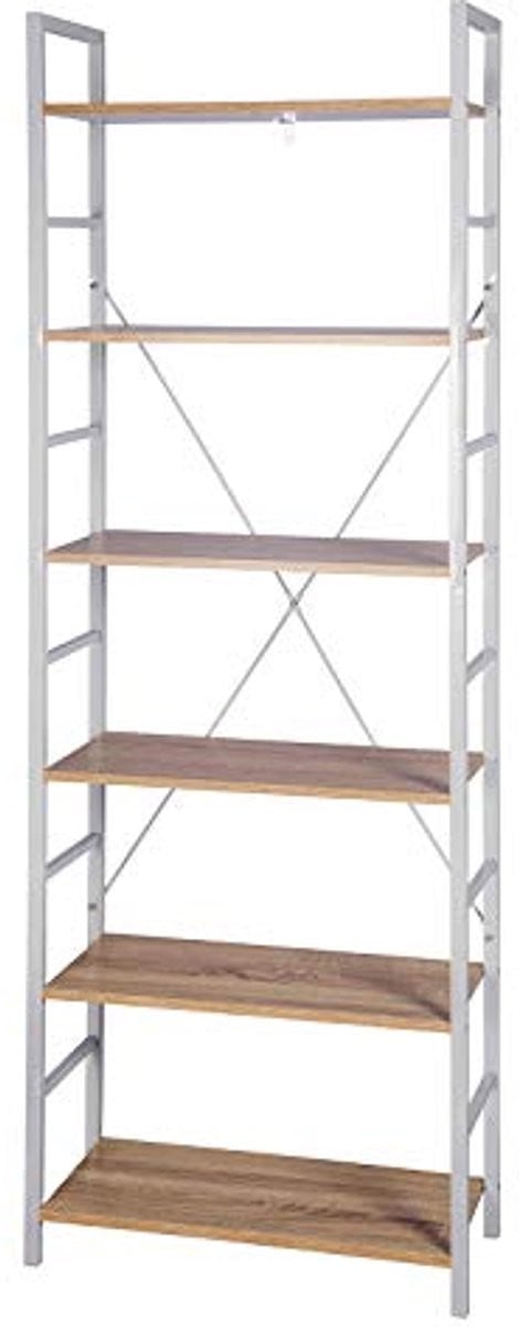 6-Laags Ladder Boekenplank - Industriële Boekenkast met Metalen Frame en Eikenhouten Planken