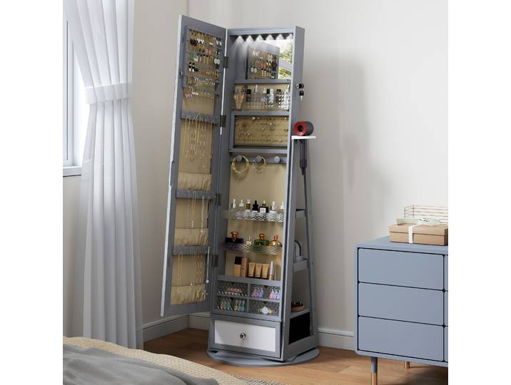 HOMCOM Armoire à Bijoux Pivotante 360° Miroir Pleine Longueur Gris