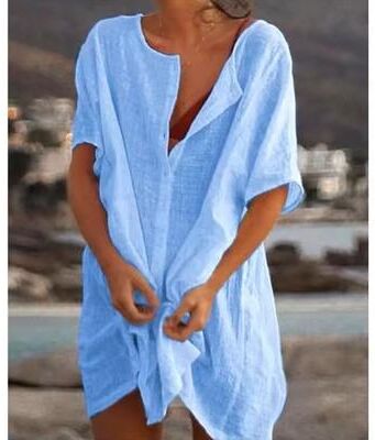 Uplift Essentials Cotton Linen Oversized Summer Blouse Vintage Short Sleeve Button Down Shirt For Women xl blue