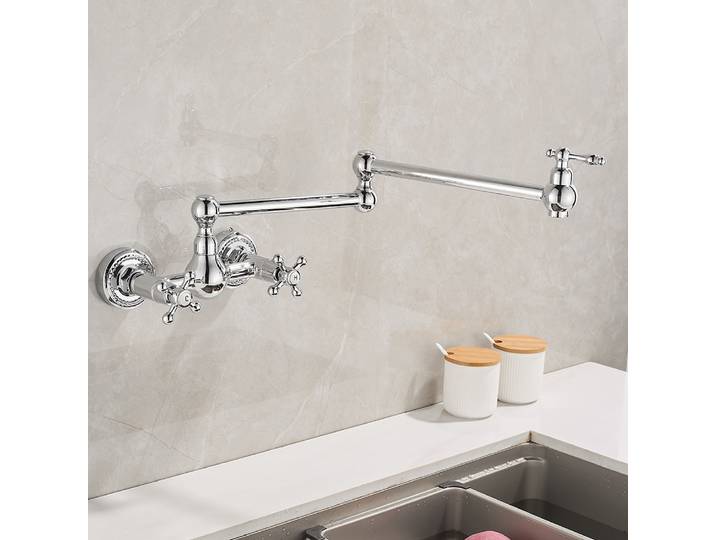 Robinet mural chromé, bec à Double Joint, bras oscillant pliable et extensible, robinet de cuisine mural à trou unique, évier de cuisine à deux poignées