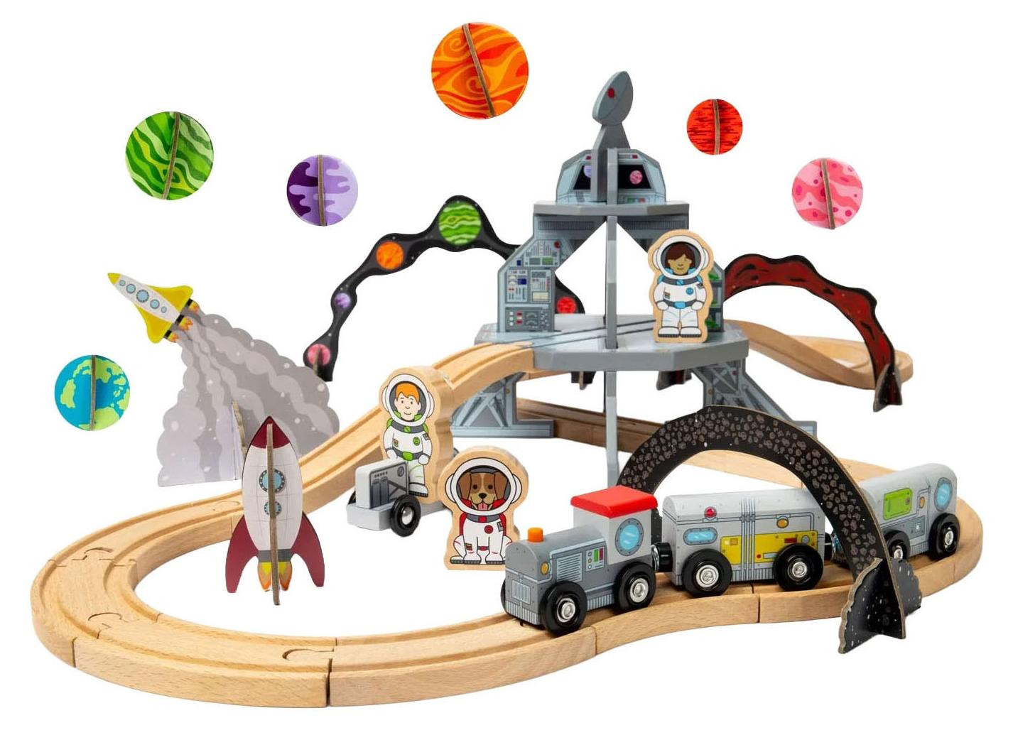 Bigjigs Toys Houten Treinset Kosmos, 40-delig, Montessori-speelgoed met raket en astronauten