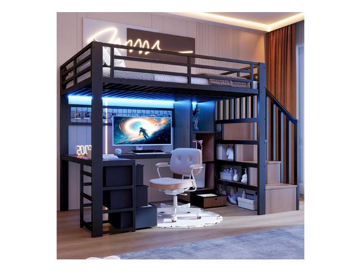 STILVORA Hochbett 90x200 Jugendbett mit Matratze Schreibtisch Schubladen Gitter schwarz (Funktionbett mit Ablagefach, Kinderzimmer, Metall, Gitter zum Aufhängen von Gegenständen) Treppenkonstruktionen mit Stauraum