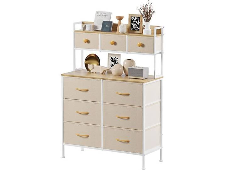 Commode 9 Tiroirs En Tissu Commode Chambre NETTAESENO Commode En Tissu Meuble de Rangement 35 x 80 x 130 cm Métal & MDF Beige