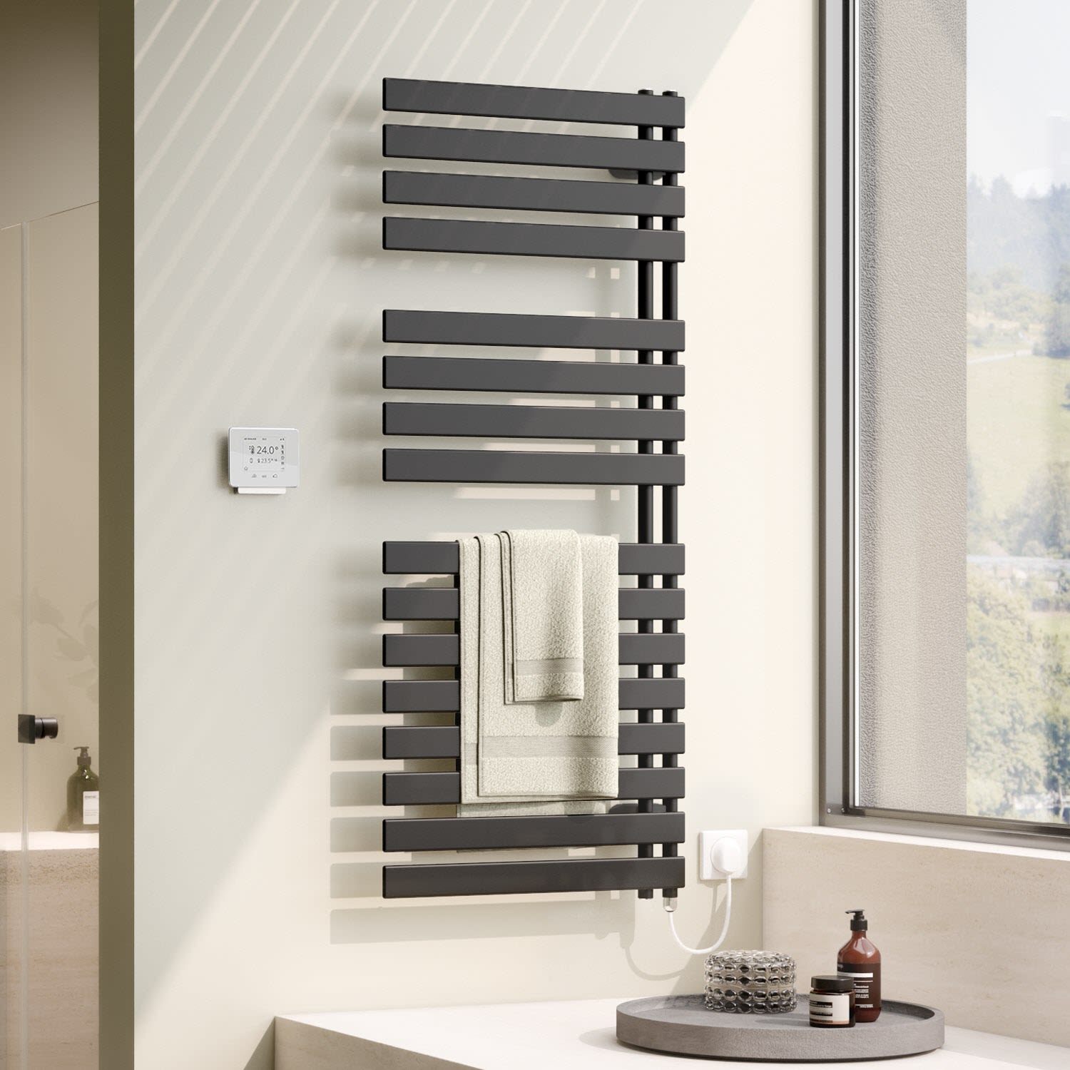 Kermi Credo Half flat -E Badheizkörper 60 x 183,4 cm, mit Elektro-Set WRX rechts, Heizung, EAE1A180060-onyx, WRX rechts weiß/weiß, onyx - onyx