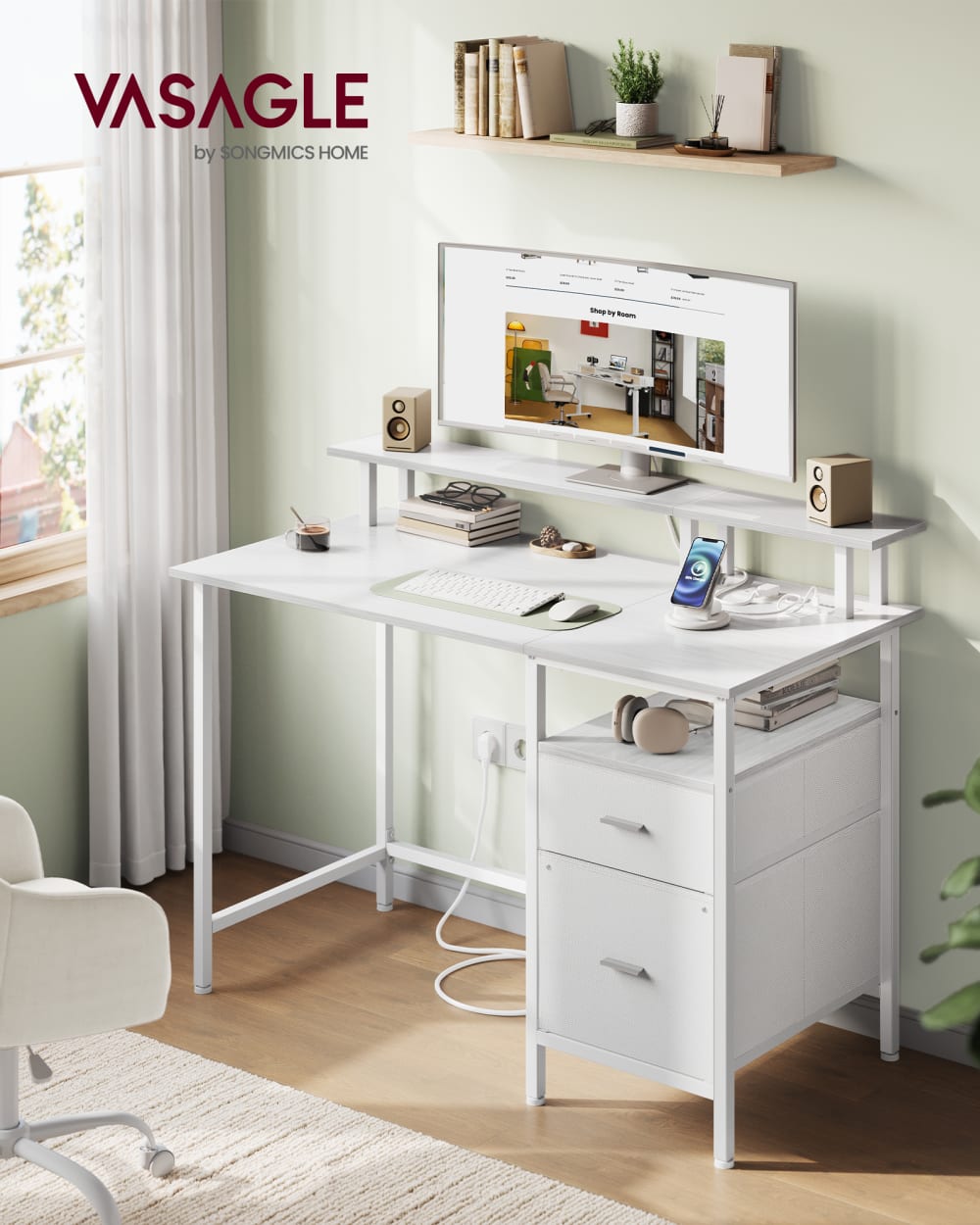 VASAGLE Bureau gaming avec tiroirs en tissu 2 ports usb 120 x 60 cm blanc Blanc 120x90x60cm