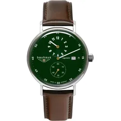 Bauhaus Herrenuhr Automatik 21264 - Dunkelgrünes Ziffernblatt mit silbernen Zahlen/Indices,Leuchtzeiger,braun,braune Naht - 41mm