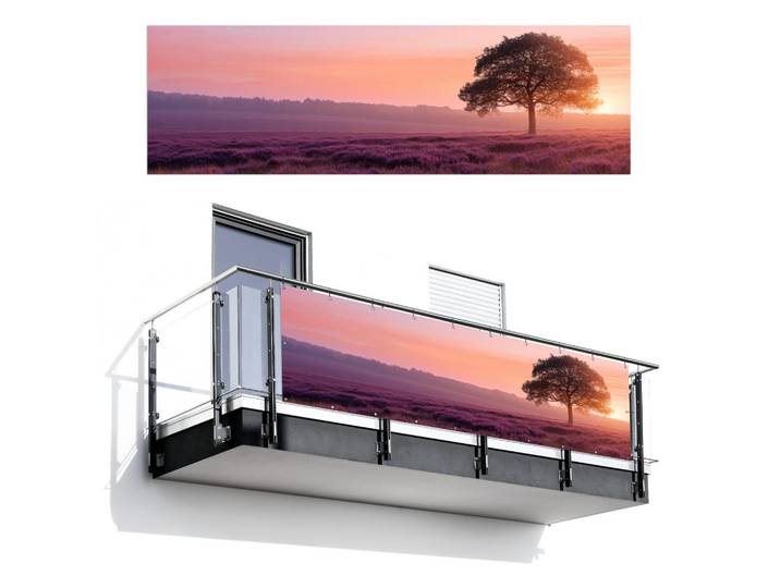 MuchoWow Balkon-Sichtschutz Baum - Heidekraut - Sonnenaufgang, Flieder, Kunststoff, Rechteckig, 300x95 cm, Sonnenschutz, Sichtschutz