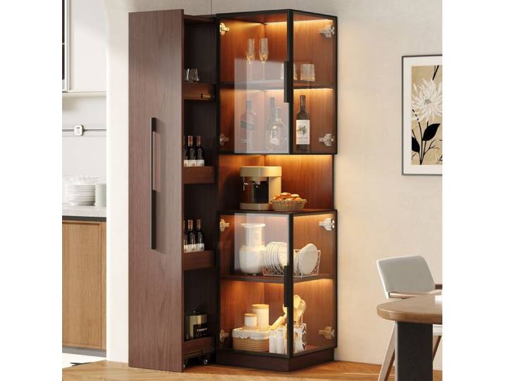 Vitrine haute marron 70 x 38 x 160 cm portes vitrées LED multicolore rangements latéraux coulissants