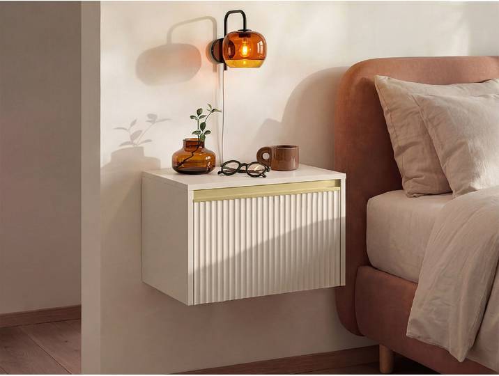 Nachttische 2er-Set zum Aufhängen oder Aufstellen mit 1 Schublade - MDF - Beige & Goldfarben - POSINIA