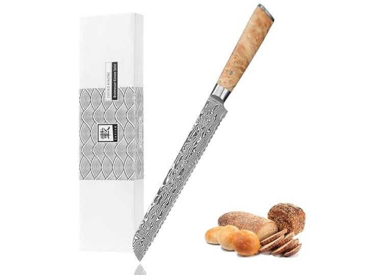zayiko Kinone Brotmesser 23 cm, Damaststahl mit VG10-Kern und Wellenschliff Brotschneidemesser für Brotlaibe & Baguette; 67 Lagen, einseitiger 15°-Schliff, 60±2 HRC, Birkenwurzelholzgriff, Geschenkbox.