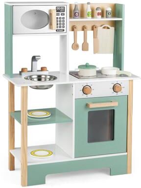 Costway Play Kitchen Wooden Toy Kitchen Playset with Chalkboard Birthday Gift for Kids Aged 3 +-Green