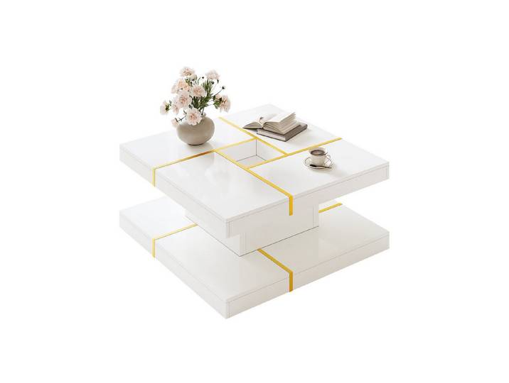 Fine Life Pro Couchtisch Quadratischer Couchtisch, 2-stöckig, Spanplatte, Gold, Gestuftes Design mit mittiger Aussparung, modern für Wohnzimmer