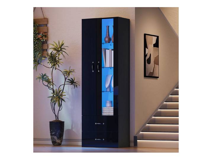 Merax Vitrine Standvitrine mit LED-Beleuchtung und Stauraum (1-St) Standregal Wohnzimmerschrank mit Acryl-Glastür & 2 Türen,60x35x182,5cm