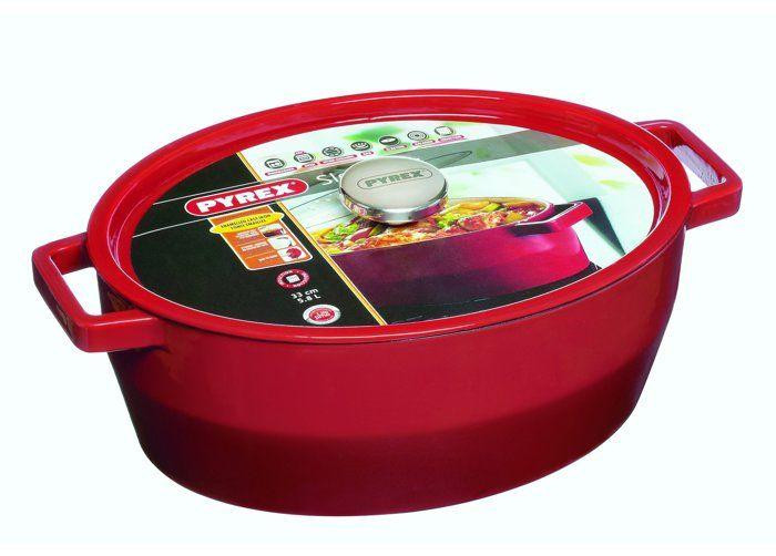 Pyrex Slow Cook Ovaal braadpan van gietijzer/gietaluminium met deksel, Rood, 29 cm, 3,8L