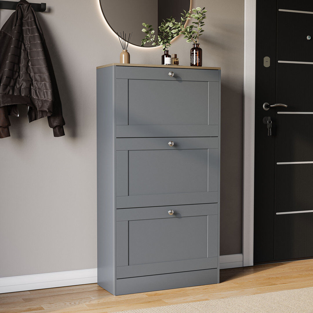 George Oliver 3 Drawer Shoe Cabinet with Top Modern Shoe Storage For Hallway Living Room & Bedroom Grey/Oak