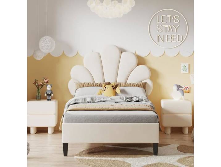 Lit Simple Capitonné - DREAMMESPACE - 140x200cm - Tête de lit Fleurie - Sommier à Lattes - Velours - Beige