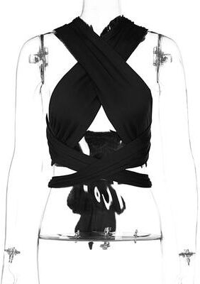 Lush Living Finds Sienna Criss Cross Halter Crop Top Backless Summer Going Out Top For Womens black s