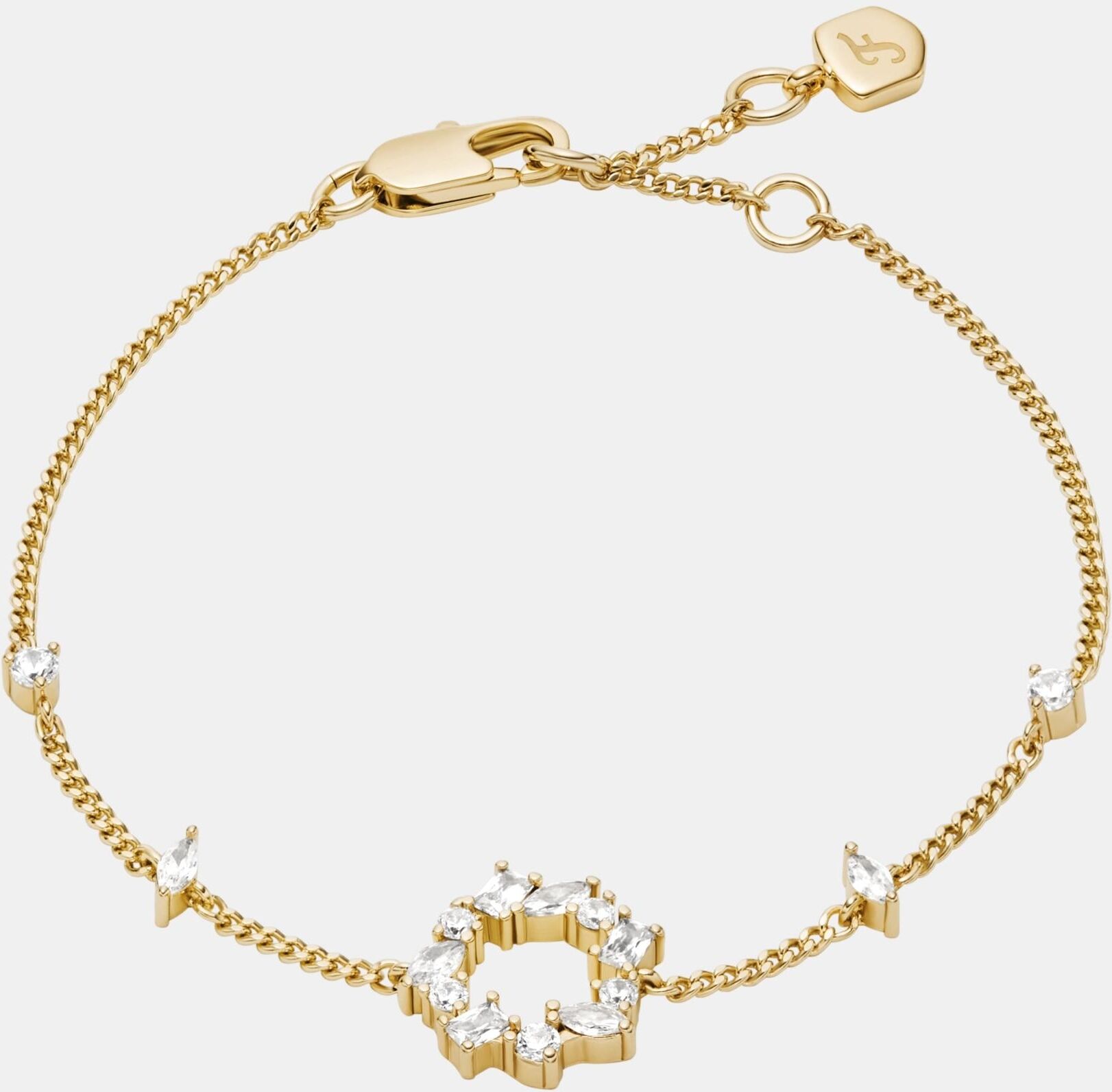 Fossil Pulsera de cadena de estaciones ellis de formas mixtas de latón en tono dorado. Cristal